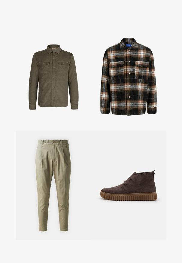 Oliven grøn kordfløjljakke med krave, frontknaplukning og to brystlommer med flap og knapper.; Rutet skjorte i en blanding af sort, hvid og brun farve. Den har to brystlommer, krave og metal snap knapper.; Lys beige tapered bukser med elastisk talje, frontknaplukning og to sidelommer; glat stof med en let glans.; Clarks TORHILL DESERT BOOT - Sporty snøresko - dark brown