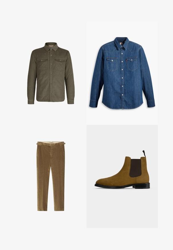 Oliven grøn kordfløjljakke med krave, frontknaplukning og to brystlommer med flap og knapper.; Denim skjorte i mørkeblå med lange ærmer, spids krave og trykknapper. Har to brystlommer med klapper og kontrastsying.; Brune corduroy bukser med lige ben-design, der har en subtil ribbet tekstur og bæltestropper i taljen.; Brun ruskind Chelsea-støvle med sort elastisk sidepanel, sort sål og trækflig på en lys grå baggrund.