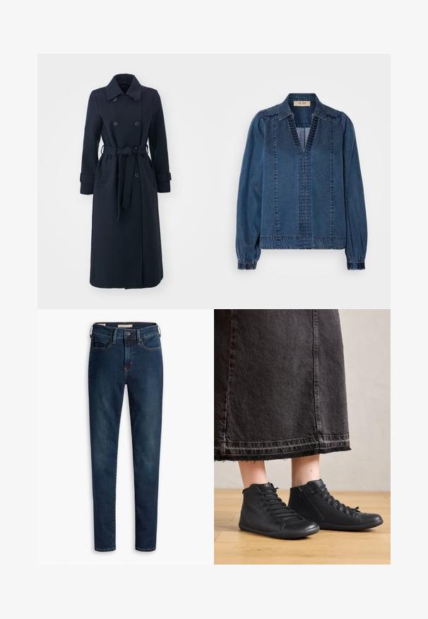 Trench-coat bleu marine en tissu mélange de laine, avec un double boutonnage à l'avant, une taille ceinturée et des poches latérales.; Veste en denim bleu foncé, avec un col en V, des manches froncées et des détails de couture texturés. Conçue avec une coupe décontractée et des épaules structurées.; Jean en denim bleu marine avec une coupe ajustée, un design standard à cinq poches et une fermeture à bouton classique avec passants de ceinture.; Chaussures montantes en cuir noir avec une texture lisse, dotées de lacets et d'une fermeture éclair sur le côté. Portées avec une longue jupe en denim noire.