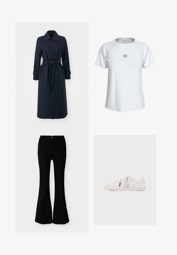 Trench-coat bleu marine en tissu mélange de laine, avec un double boutonnage à l'avant, une taille ceinturée et des poches latérales.; T-shirt blanc à manches courtes col rond avec un petit écusson rectangulaire du logo Calvin Klein Jeans centré sur la poitrine.; Jean évasé noir taille haute avec fermeture à boutons et fermeture éclair, poches avant, cintré au niveau des hanches et des cuisses.; Baskets basses blanches avec semelle beige, décorées de breloques représentant une petite figurine et deux perles suspendues aux lacets.