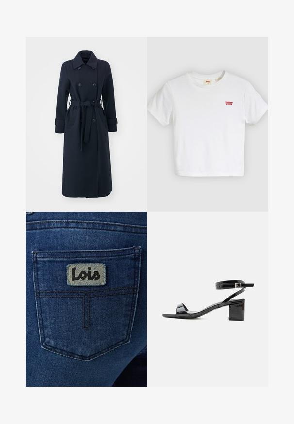 Trench-coat bleu marine en tissu mélange de laine, avec un double boutonnage à l'avant, une taille ceinturée et des poches latérales.; T-shirt blanc à manches courtes avec col rond et petit logo rouge Levi's sur la poitrine gauche.; Jean en denim bleu foncé avec une poche arrière comportant une étiquette carrée bleu clair portant l'inscription "Lois" en lettres cursives noires.; Sandale en cuir verni noir avec talon bloc, bout ouvert et bride cheville avec boucle, vue de côté sur fond blanc.