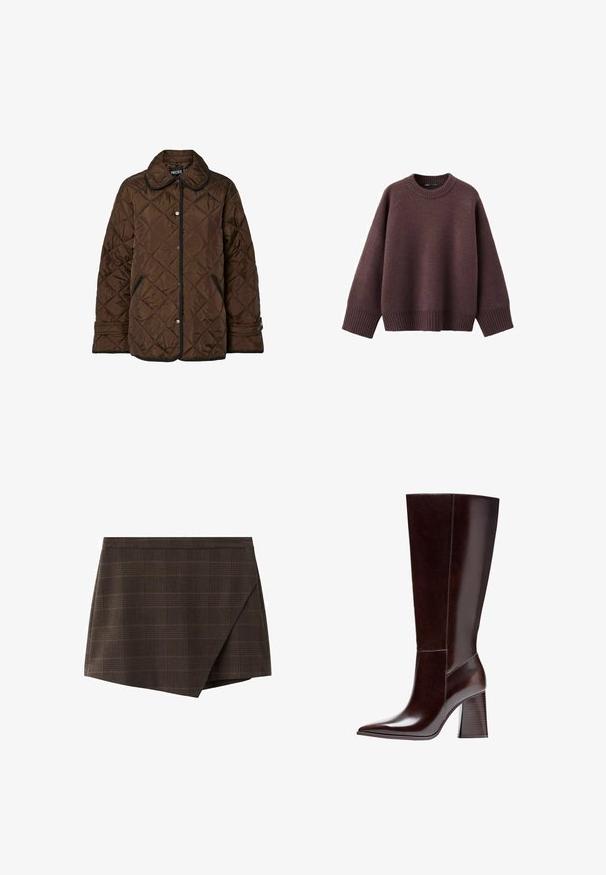 Brun quiltet jakke med sort kant, trykknaplukning, sidelommer og justerbare manchetter, præsenteret på hvid baggrund.; Løs pasform sweater i mørk bordeaux, lavet af blødt strikket stof. Har en ribstrikket rund hals, vide ærmer og en ribstrikket kant.; Brun ternet slå-om-nederdel med struktureret design, indsatte taljebånd og en let skråtstillet kant, lavet af tekstureret stof.; Brune læder knæhøj støvle med spids tå og tekstureret blokhælb. Har rent design og minimal syning.