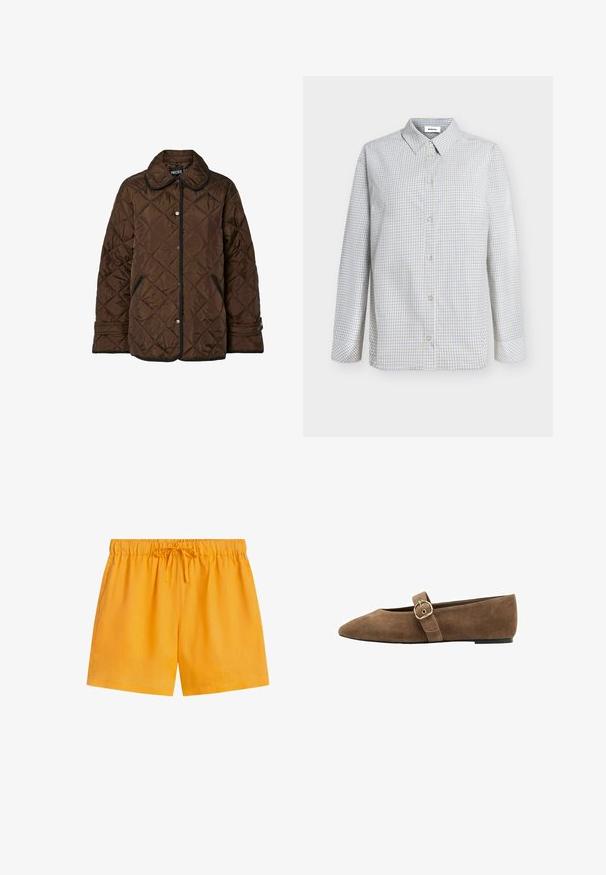 Brun quiltet jakke med sort kant, trykknaplukning, sidelommer og justerbare manchetter, præsenteret på hvid baggrund.; Herre langærmet skjorte med knapper foran, med lille ternet mønster i blå, grå og beige og spids krave.; Lyse gule shorts med elastisk talje, snøre foran og sidelommer, lavet af letvægtsstof.; Brun ruskindsflad sko med spids tå, med en rem med en rund guldspænde og en lav sort hæl.