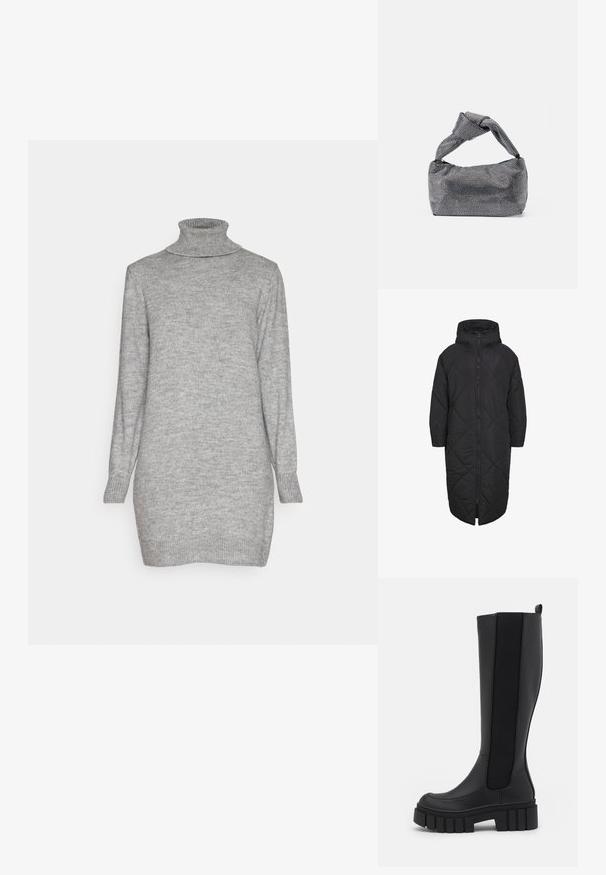 Abrigo acolchado negro con capucha, que presenta un cierre de cremallera de longitud completa y un patrón de rombos acolchados. Fabricado en un material suave y ligero.; JDY JDYLIBBYROLL NECK DRESS - Vestido de punto - medium grey melange; Botas negras hasta la rodilla, hechas de un material sintético liso, con paneles laterales elásticos, suela gruesa y texturizada, y diseño de punta redonda.; Bolso de mano negro y plateado con una superficie texturizada que presenta un patrón de diamante, un asa anudada y una forma estructurada.