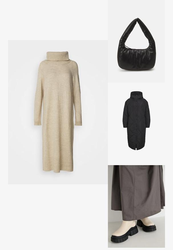 Abrigo acolchado negro con capucha, que presenta un cierre de cremallera de longitud completa y un patrón de rombos acolchados. Fabricado en un material suave y ligero.; Vestido de punto beige, con cuello de tortuga y con canalé. Cuenta con mangas largas y cae a mitad de la pantorrilla, con un corte holgado.; Botas de tobillo beige con una plataforma negra gruesa, parte superior de cuero liso y punta redondeada. Una falda gris las cubre parcialmente.; Bolso de hombro de cuero negro con un diseño holgado, que presenta un asa anudada distintiva y un cierre con cremallera. Textura suave en toda la superficie.