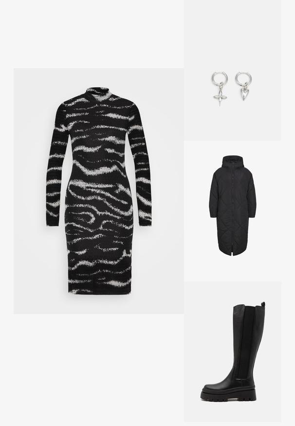 Čierny prešívaný kabát s kapucňou, s plným zipsom a vzorom v tvare diamantu. Vyrobený z mäkkého, ľahkého materiálu.; Vero Moda VMLOTTE HIGH NECK DRESS - Denné šaty - black; Čierne vysoké čižmy po kolená vyrobené z hladkej kože s elastickými bočnými panelmi, masívnou platformou a zebrovanou textúrou na spodnej strane.; Strieborné kruhové náušnice s príveskom v tvare kríža a srdca. Hladký, lesklý povrch s lešteným dokončením. Každý prívesok visí na bezpečnej slučke.