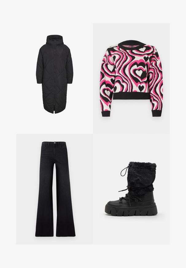 Schwarze gepolsterte Jacke mit Kapuze, ausgestattet mit einem durchgehenden Reißverschluss und einem rautenförmigen Steppmuster. Hergestellt aus weichem, leichtem Material.; Strickpullover mit einem welligen Muster aus pinken, weißen und schwarzen Herzen. Gerippter Halsausschnitt und Ärmelsaum; kurzes Design. Weiche Textur.; Schwarze Jeans mit weitem Bein aus Denim, mit hoher Taille, Vordertaschen und einer glatten, texturierten Oberfläche mit minimalem Verblassen.; Schwarze Winterstiefel mit einem Kunstfellschaft, dicker Gummisohle, Schnürsystem und einem ausgeprägten Profil für guten Halt.