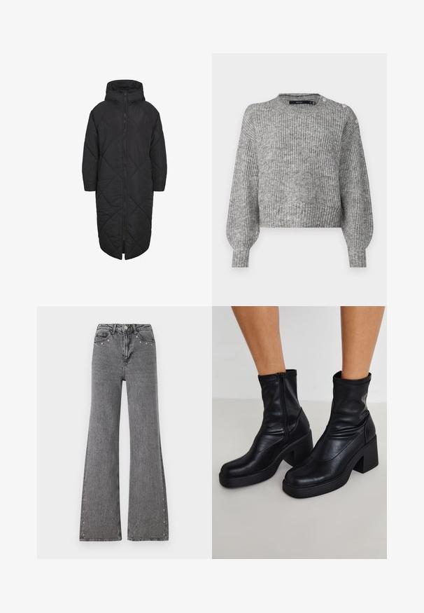Čierny prešívaný kabát s kapucňou, s plným zipsom a vzorom v tvare diamantu. Vyrobený z mäkkého, ľahkého materiálu.; Vero Moda VMMEILANI O NECK PULLOVER - Svetrík - medium grey; Široké denimové džíny v sivej farbe s vysokým pásom, prednými vreckami a dekoratívnymi cvokmi pozdĺž bočných švov. Hladká textúra.; Čierne kožené členkové čižmy s vysokým blokovým podpätkom, s bočným zipsom, hladkou textúrou a zúženým dizajnom špičky.