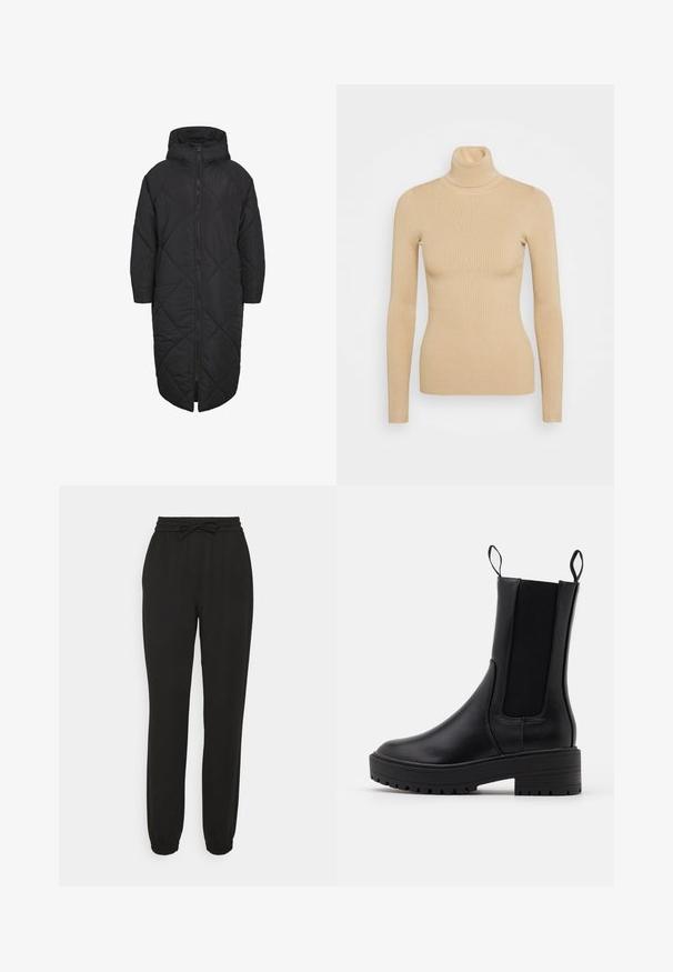 Mustat täytetty takki, jossa on huppu, täyskannellinen vetskari ja timanttivammakuvio. Valmistettu pehmeästä, kevyestä materiaalista.; Beige ribbattu turtleneck neule pitkähihaisilla, joka esittelee tiukan siluetin ja sileän pinnan. Ei näkyvää varustusta tai kuvioita.; Vero Moda Tall VMLUCCA TAPERED TRACK PANT TLL - Housut - black; Musta nilkkURI nahkasaappaat, joissa on sileä nahkapinta, joustavat sivupaneelit, vetotapit ja paksu, teksturoitu pohja paremman pidon saavuttamiseksi.