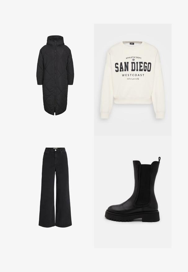 Sort polstret jakke med hætte, der har en fuldlængde lynlås og diamant-quiltet mønster. Fremstillet af blødt, let materiale.; Hvid, kort sweatshirt lavet af blødt stof med et sort grafisk print med teksten "SAN DIEGO" og "WESTCOAST". Ribstrikkede manchetter.; Breddebenede sorte denimjeans med fem lomme-design, høj talje og knaplukning. Har diskret syninger og en ren finish.; Sorte ankelhøje støvler i glat læder med elastiske sidepaneler. Tykk gummisål med mønster og en tekstiltrækstrop bagpå.