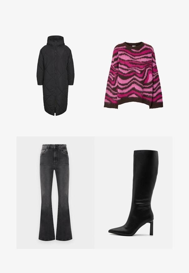 Abrigo acolchado negro con capucha, que presenta un cierre de cremallera de longitud completa y un patrón de rombos acolchados. Fabricado en un material suave y ligero.; Suéter suave con un patrón ondulado en tonos de rosa y marrón. Cuello redondo, mangas largas y puños y dobladillo acanalados.; Pantalones vaqueros negros acampanados con cintura alta, detalles de costura y cinco bolsillos. La tela tiene una textura suave con un acabado desgastado.; Even&Odd by Zalando Botas - black