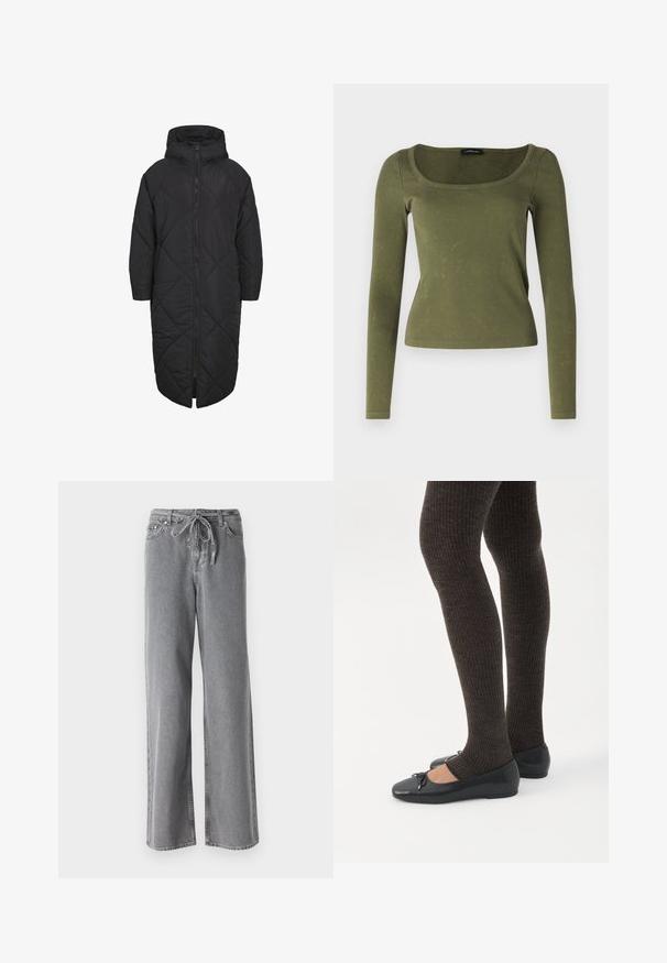 Must must coat, millel kapuutsiga, mis on varustatud täispika tõmblukuga ja teemantõmblustega. Valmistatud pehmest ja kerge kaaluga materjalist.; Oliivroheline pika varrukaga topp, mis on valmistatud ribakangast, ruudukujulise kaeluse ja sobiva lõikega. Erakordne tekstuur koos peente mustritega.; Halliset hallid värvi laiad teksapüksid, mis on valmistatud denimist ja millel on paelaga vöökoht ning kaks esikotti. Tekstuur on pehme, veidi pleekinud viimistlusega.; Jalad seljas tumedad soonelises soonelises kombines mustade baleriinadega, millel on väikesed paelade detailid valgel taustal.