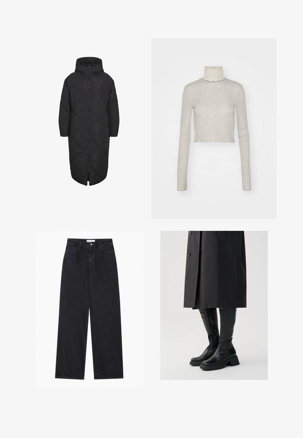 Schwarze gepolsterte Jacke mit Kapuze, ausgestattet mit einem durchgehenden Reißverschluss und einem rautenförmigen Steppmuster. Hergestellt aus weichem, leichtem Material.; Helles graues, geripptes Rollkragensweatshirt mit langen Ärmeln. Hat eine cropped Länge und einen Rüschensaum am Kragen und Saum. Weiche Textur.; Schwarze hoch geschnittene, weit geschnittene Jeans aus Denim mit Vorderknopf- und Reißverschluss, Gürtelschlaufen und fünf Taschen.; Vagabond DORAH - Plateaustiefel - black