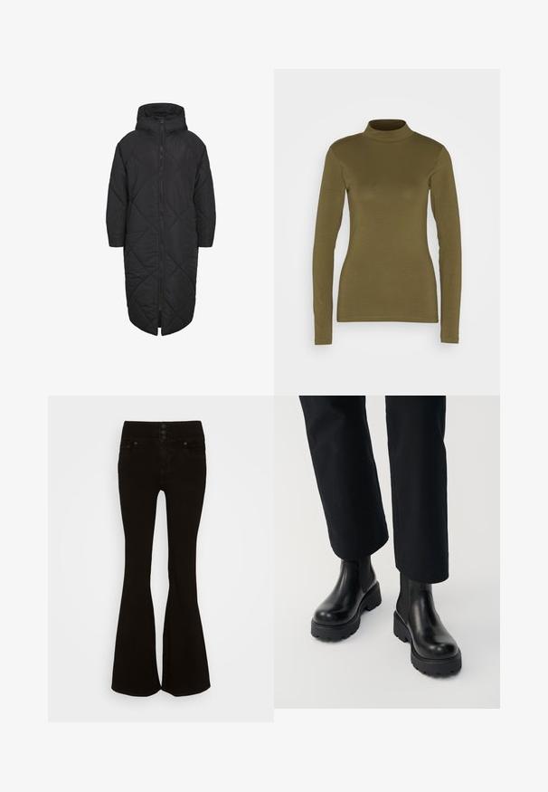 Schwarze gepolsterte Jacke mit Kapuze, ausgestattet mit einem durchgehenden Reißverschluss und einem rautenförmigen Steppmuster. Hergestellt aus weichem, leichtem Material.; JDY Langarmshirt - kalamata; American Eagle SUPER HIGH RISE - Flared Jeans - onyx black; Person trägt schwarze Leder-Stiefeletten mit klobiger Sohle, kombiniert mit schwarzen Straight-Leg-Hosen vor weißem Hintergrund.