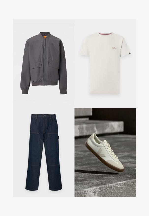 Blouson aviateur gris foncé avec fermeture éclair à l'avant, deux grandes poches à rabat, poignets et ourlet côtelés, et un petit logo sur la poitrine.; T-shirt beige à manches courtes avec petit logo Alpha Industries sur la poitrine gauche et une petite étiquette noire sur la manche gauche.; Pantalon de travail en denim bleu foncé avec jambes droites, genoux renforcés, poches latérales, passants de ceinture et fermeture avant par boutons.; Baskets en cuir blanc avec semelle en caoutchouc beige, lacets plats et accent en forme de V sur le côté. Présentent une surface lisse et peu de détails de couture.