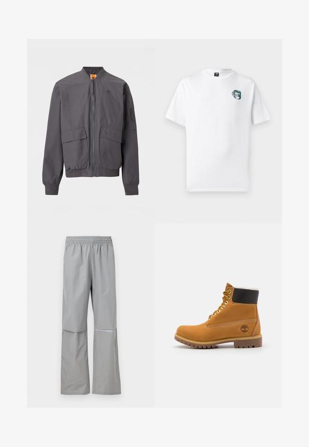 Blouson aviateur gris foncé avec fermeture éclair à l'avant, deux grandes poches à rabat, poignets et ourlet côtelés, et un petit logo sur la poitrine.; T-shirt blanc à manches courtes avec un petit motif de tasse verte et le logo "The North Face" sur la poitrine gauche.; Pantalon de pluie imperméable gris clair avec taille élastique et bande réfléchissante sur la jambe droite, conçu pour une utilisation en extérieur.; Bottine en cuir brun avec œillets en métal, doublure en fourrure blanche, col rembourré noir, semelle robuste et logo en relief sur le côté.