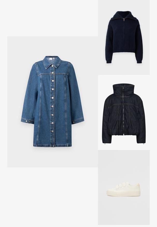Gestuz RINOVA PUFFER - Vinterjakker - dark blue unwashed; Marineblå zip-up trøje med høj krave, lange ærmer og ribstrikkede manchetter og kant mod en hvid baggrund.; Denimjakke med knaplukning fortil, skjortekrave og lange ærmer. Har en blå farve med kontraststikninger og en afslappet pasform.; Hvide sneakers med en glat læderlignende overdel, tre velcrostropper, rund tå og en tekstureret gummisål. Bagakcent i beige.