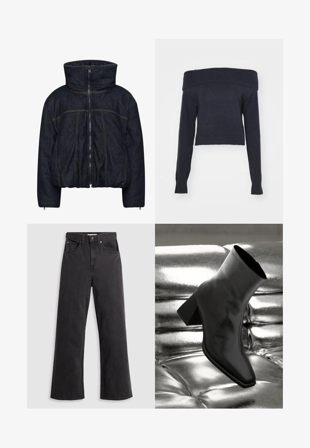 Gestuz RINOVA PUFFER - Vinterjakker - dark blue unwashed; Weekday LOLO OFF SHOULDER - Striktrøje - navy; Sorte denim bukser med vid ben og høj talje, fem lommer og metalknaplukning. Stoffet har en glat, let falmet tekstur.; Sorte ankelstøvler lavet af glossy materiale med firkantet tå og spidse hæle, sat mod en skinnende sølv tuftet baggrund.