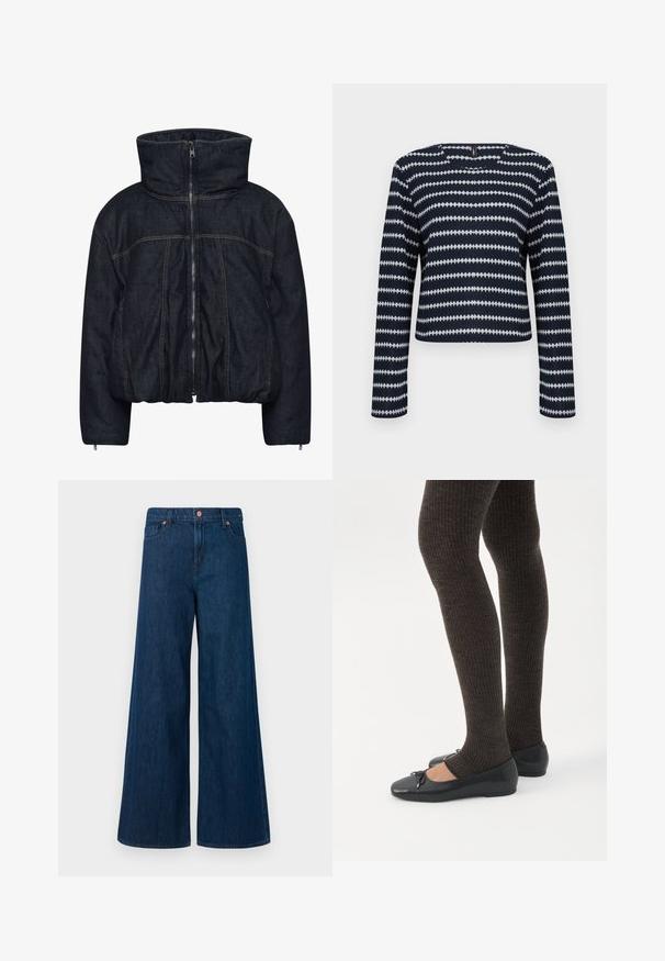 Gestuz RINOVA PUFFER - Vinterjakker - dark blue unwashed; Langærmet marineblå og hvid mønstret sweater med vandrette zigzagstriber og rund halsudskæring på en ensfarvet baggrund.; Blå, vidde denim jeans med frontlukning med knap, bæltestropper og fem-lommers design på en hvid baggrund.; Ben iført mørke ribbede leggings kombineret med sorte balletsko med små sløjfedetaljer på hvid baggrund.