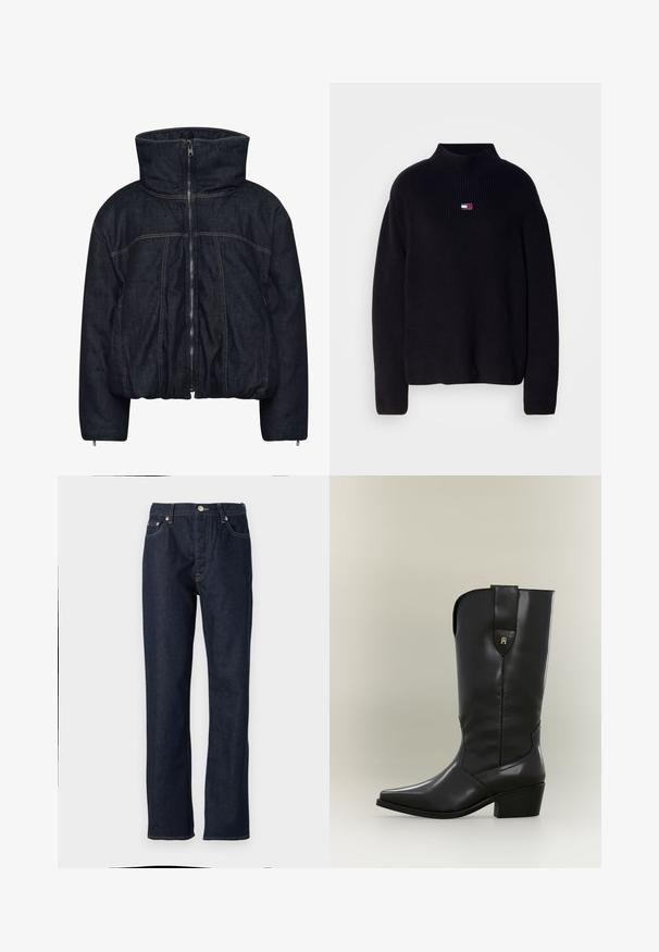 Gestuz RINOVA PUFFER - Vinterjakker - dark blue unwashed; Sort strikket sweater med en høj, ribbet mock neck og et lille, rektangulært logo med rød, hvid og blå accentuer på brystet.; Mørkeblå denimbukser med lige pasform, featuring knap- og lynlåslukning, femlommerdesign og kontrastsyninger.; Høj sort læder cowboystøvle med spids tå, kraftig hæl og trækstrop med lille gyldent logo.