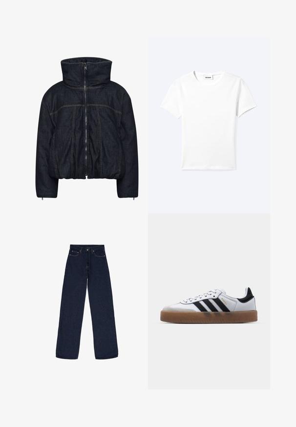 Gestuz RINOVA PUFFER - Winterjas - dark blue unwashed; Effen wit T-shirt met korte mouwen en ronde hals met een klein "WEEKDAY" label aan de binnenkant van de hals, plat neergelegd op een lichte achtergrond.; Donkerblauwe wijde spijkerbroek gemaakt van denim. Kenmerken zijn een knoopsluiting, vijf zakken en subtiele stikseldetails. Gladde textuur.; Witte leren sneakers met zwarte strepen, gumrubberen buitenzool, ronde neus, vetersluiting en een zachte grijze suède neuskap.
