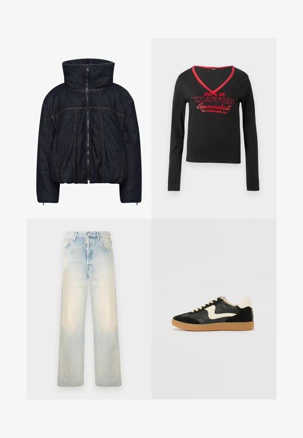 Gestuz RINOVA PUFFER - Vinterjakker - dark blue unwashed; Sort langærmet skjorte med V-hals, rød kant ved halsudskæringen og fed rød trykt tekst med teksten "REPLAY CUSTOM Specialist Allentown, PA."; Lyst vævet denim bredbenede jeans med en falmet finish, fem lommer og en klassisk knaplukning. Blød tekstur og løs pasform.; Sorte ruskinds- og lædersneakers med en cremefarvet side-swoosh og lys cremefarvet hæl. Har beige snørebånd og en gummirubber-sål.