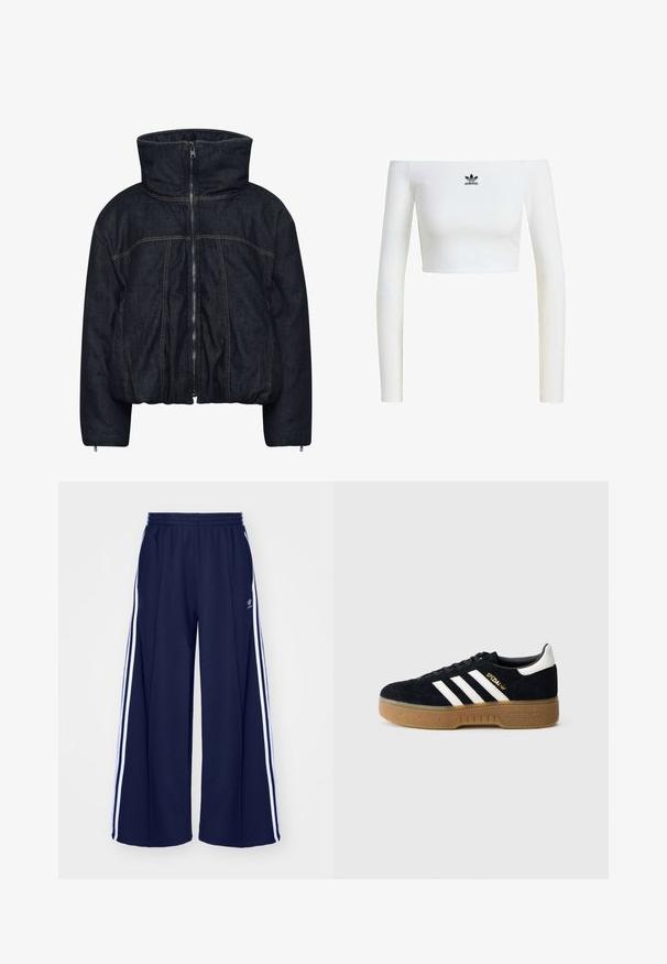 Gestuz RINOVA PUFFER - Vinterjakker - dark blue unwashed; Hvid crop top med off-shoulder i ribbet stof, som har lange ærmer og et lille sort Adidas-logo på fronten.; adidas Originals PANT - Træningsbukser - night indigo; Sort ruskindssneaker med hvide tre striber og guldfarvet logo. Sål i gummi med tekstureret greb. Klassisk lavtop-design med rundet tå.