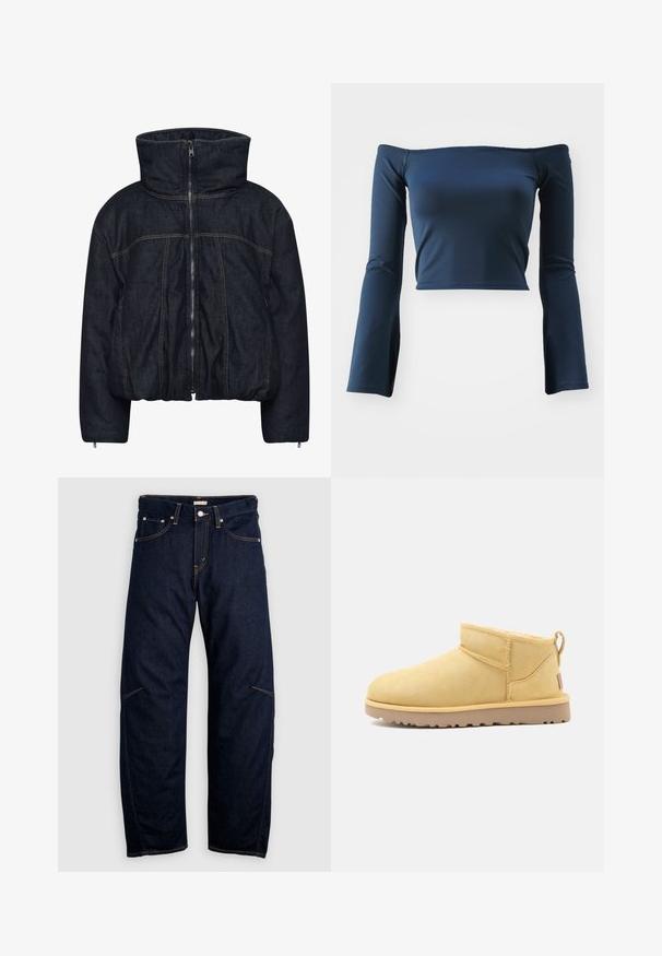 Gestuz RINOVA PUFFER - Veste d'hiver - dark blue unwashed; Haut court à épaules dénudées en bleu marine. Manches longues avec des bords évasés. Fabriqué à partir d'un tissu lisse et extensible. Pas de motifs ni de matériel.; Jean en denim bleu foncé avec une coupe droite, doté de poches avant et arrière, et des coutures contrastantes jaunes. Aucune décoration visible.; Bottine basse en suède beige avec semelle en caoutchouc plate, couture apparente et languette à l'arrière sur un fond uni.
