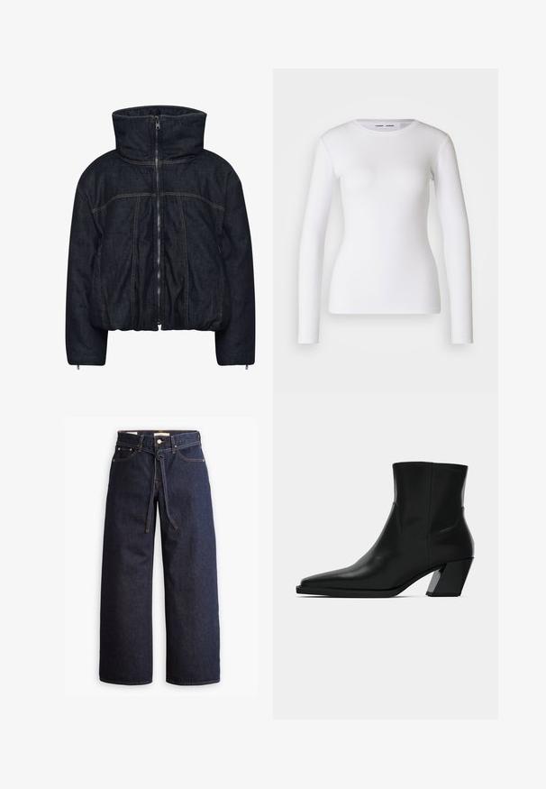 Gestuz RINOVA PUFFER - Winterjas - dark blue unwashed; Witte longsleeve shirt van ribstof, met een ronde halslijn en een getailleerde vorm. Er zijn geen patronen of accenten aanwezig.; Wijd pijpjes donkerblauwe denim jeans met een hoge taille, voorzien van een trekkoord, vijf zakken en contrasterende stiksels.; Zwarte leren enkelboot met een spitse neus, een slanke silhoeet en een chunky vierkante hak. Gladde textuur met minimale stikdetails.