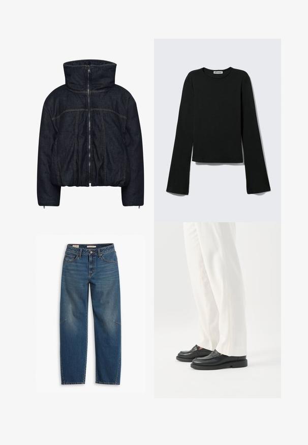 Gestuz RINOVA PUFFER - Vinterjakker - dark blue unwashed; Sort langærmet rundhalset skjorte med en figursyet silhuet og let udvidede ærmer, mærket med "Weekday" brandetiketten ved halsudskæringen.; Blå denim jeans med en afslappet pasform, der har høj talje, lige ben, synligt syning og en lille detalje på venstre knæ.; Person iført hvide skræddersyede bukser og sorte læder loafers stående på hvid baggrund.