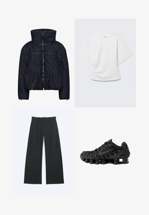 Gestuz RINOVA PUFFER - Winterjas - dark blue unwashed; Wit oversized T-shirt met korte mouwen en ronde hals, weergegeven op een lichtgrijze achtergrond.; Zwarte broek met wijde pijpen en dunne witte krijtstrepen, met riemlussen, voorzakken en een onzichtbare voorsluiting.; Zwarte sportieve schoen met mesh-bovenwerk en glanzende overlays. Bevat afgeronde spoelvering en textuur lijnen aan de zijkant. Nike-logo zichtbaar.