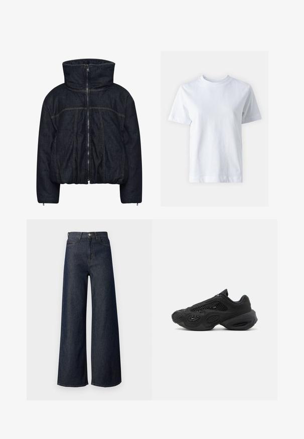 Gestuz RINOVA PUFFER - Vinterjakker - dark blue unwashed; Hvid bomulds t-shirt med rund halsudskæring, korte ærmer, lige snit og glat tekstur. Ingen mønstre eller dekorationer.; Vidbenede mørkeblå denimjeans med høj talje, der har fem-lomme-design, guld-syning og metal knapdetalje. Glat tekstur over det hele.; Sort atletiksneaker med meshpaneler, tyk, polstret sål og lille swoosh-logo på siden, fotograferet mod en ensartet baggrund.