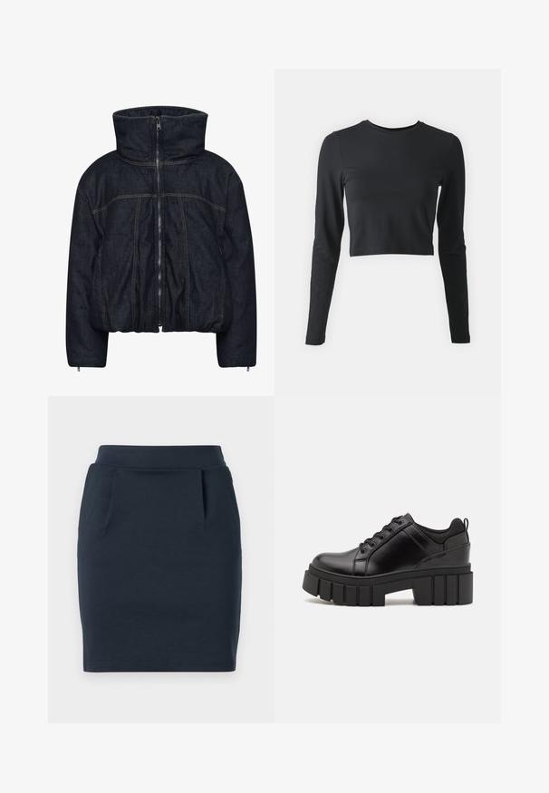 Gestuz RINOVA PUFFER - Vinterjakker - dark blue unwashed; Sort cropped langærmet skjorte lavet af blød, strækbar stof. Har en rund halsudskæring og tætsiddende ærmer, med en ensfarvet overflade og ingen mønstre.; Mørkeblå strækjersey nederdel med en tætsiddende silhuet, der har en glat talje og to forlommer.; Sorte læder platform sko med en klodset blokhæl, rund tå og traditionelt snøredesign. Har en glat tekstur og minimal detaljering.