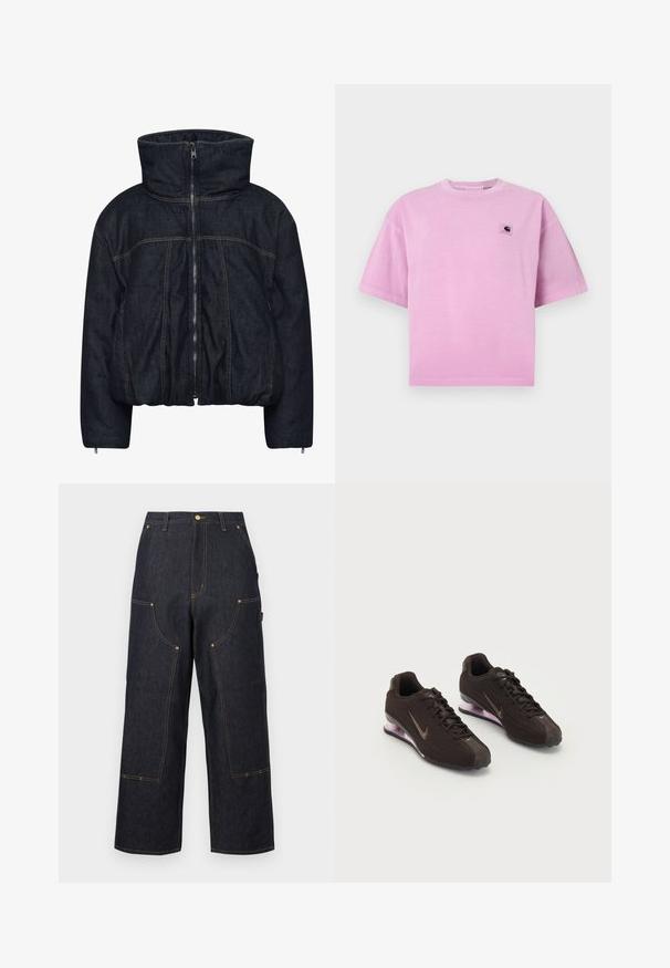 Gestuz RINOVA PUFFER - Winterjas - dark blue unwashed; Roze katoenen t-shirt met korte mouwen, ronde halslijn en een klein logoplaatje op het linkerborstgebied. Gladde textuur en een ontspannen pasvorm.; Donkerblauwe wijde denim broek met meerdere zakken aan de voorkant, contrasterende oranje stiksels en een knoopsluiting in de taille.; Zwarte sportieve schoenen met een gestructureerde bovenkant, bruine accenten en een paarse air-cushion zool. Vetersluiting met opvallende merkvoering.