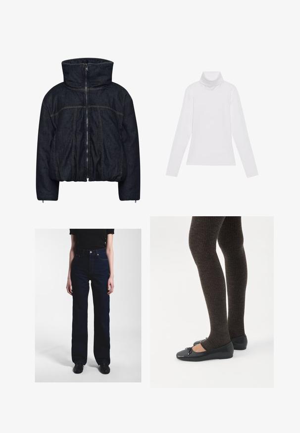 Gestuz RINOVA PUFFER - Vinterjakker - dark blue unwashed; Hvid langærmet turtle-neck top lavet af glat, strækbart stof. Har en høj krave og tætsiddende design, uden synlige mønstre eller udsmykninger.; Person iført mørkeblå, højtaljede, vidde bukser, sort top og sorte sko, stående mod en ensfarvet lys baggrund.; Ben iført mørke ribbede leggings kombineret med sorte balletsko med små sløjfedetaljer på hvid baggrund.