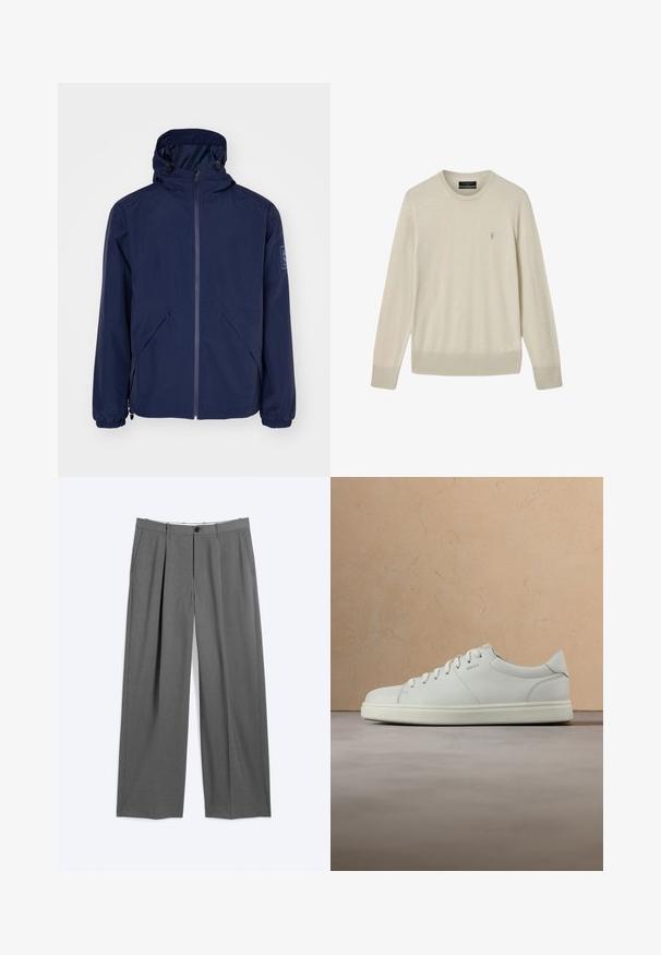 Marineblå vandtæt jakke med hætte, der har en frontlynlås, elastiske manchetter, to sidelommer og et logo-patch på venstre ærme.; Beige langærmet sweater med rund hals og ribstrikkede manchetter og kant, med en lille broderet logo på venstre bryst.; Grå formelle bukser med lige ben, for-tilslag, sidelommer, bæltestropper og forlukning foran med knap og lynlås.; Hvid lædersneaker med en glat tekstur, rund snude og flade snørebånd. Har et diskret logo og en letvægts sål.