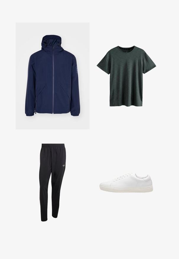 Marineblau wasserdichte Jacke mit Kapuze, ausgestattet mit einem Frontreißverschluss, elastischen Bündchen, zwei seitlichen Taschen und einem Logo-Patch am linken Ärmel.; Dunkelgraues T-Shirt aus weichem, strukturiertem Stoff. Verfügt über einen klassischen Rundhalsausschnitt und kurze Ärmel mit einem dezenten Muster. Keine sichtbaren Logos.; Schwarze Sporthose aus leichtem Material mit elastischem Bund und einem kleinen eingeprägten Logo im oberen linken Beinbereich.; Weiße Leder-Sneaker mit glatter Textur, runder Zehenpartie, Schnürverschluss und flacher Gummisohle. Minimalistisches Design ohne sichtbare Muster.
