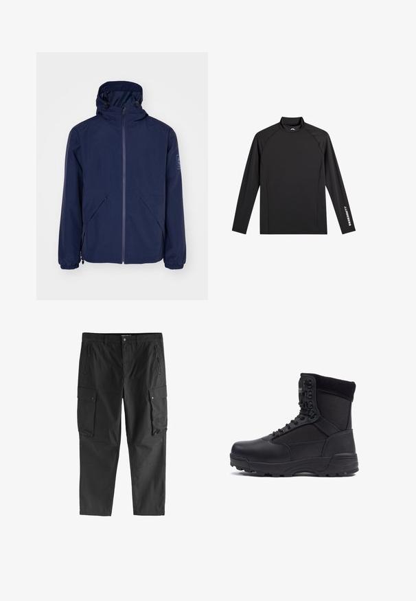 Chaqueta impermeable de color azul marino con capucha, que cuenta con una cremallera frontal, puños elásticos, dos bolsillos laterales y un parche de logo en la manga izquierda.; Camiseta negra deportiva de manga larga con cuello alto falso, corte ajustado y logo blanco "J.Lindeberg" en la manga izquierda y el cuello.; Pantalones cargo negros con bolsillos frontales con cremallera, bolsillos laterales con solapa y botón, y trabillas para cinturón, exhibidos sobre un fondo blanco.; Bota táctica negra con parte superior de piel lisa y paneles de tela, diseño de tobillo alto, cierre con cordones y suela de goma resistente.