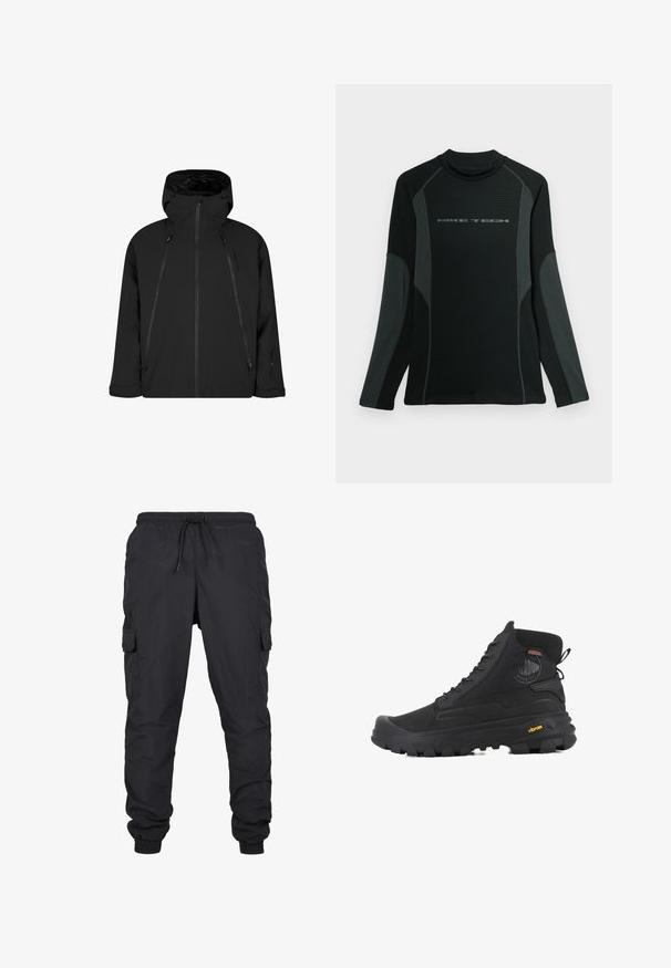 Zwarte waterdichte jas met een capuchon, voorrits en verstelbare trekkoorden. Beschikt over zijzakken en een slank, minimalistisch ontwerp.; Zwarte shirt met lange mouwen en hoge kraag, gemaakt van textuurstof. Heeft grijze zijpanelen en het "NIKE TECH" logo op de borst.; Zwarte cargobroek met een elastische tailleband en trekkoord, voorzien van zijzakken en geribbelde uiteinden. Gemaakt van lichtgewicht, duurzaam materiaal.; Zwarte hoge laarzen met een gestructureerd oppervlak, voorzien van een waterdicht ontwerp, vetersysteem en een opvallende rubberen zool met Vibram-merktekens.