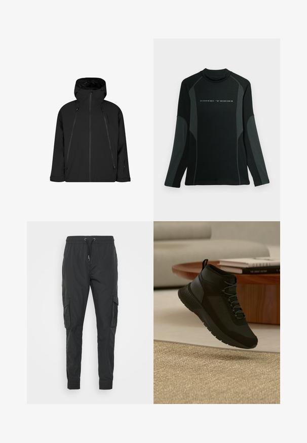 Zwarte waterdichte jas met een capuchon, voorrits en verstelbare trekkoorden. Beschikt over zijzakken en een slank, minimalistisch ontwerp.; Zwarte shirt met lange mouwen en hoge kraag, gemaakt van textuurstof. Heeft grijze zijpanelen en het "NIKE TECH" logo op de borst.; Zwarte cargobroek van lichtgewicht stof, met een verstelbare trekkoord taille, elastische manchetten en twee zijzakken.; Zwarte high-top sneaker met veters zwevend boven een beige tapijt, houten ronde tafel met gestapelde boeken in een lichte moderne woonkamer.