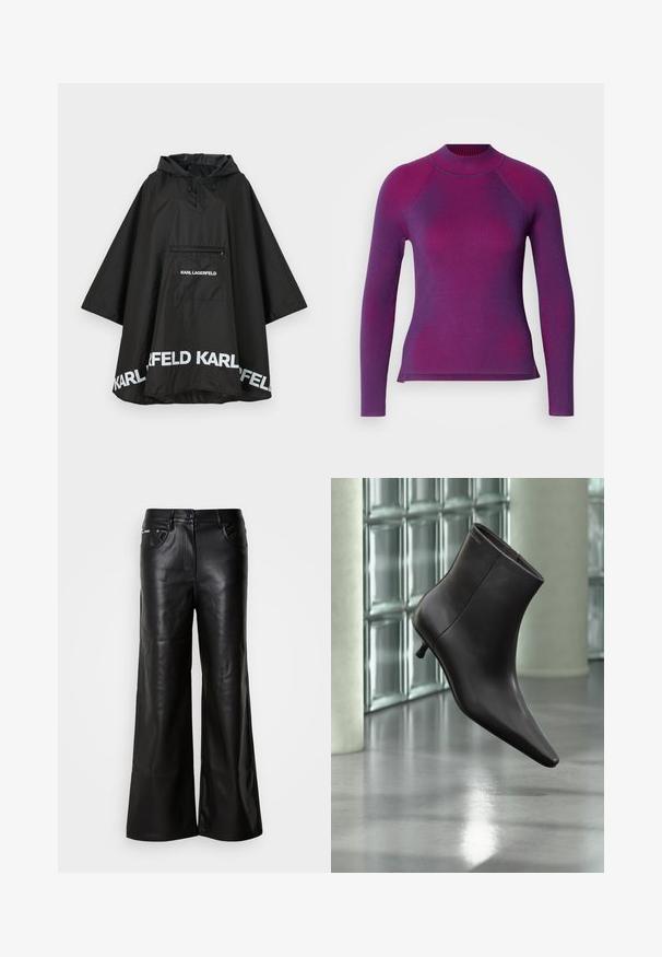 Zwarte waterdichte poncho met capuchon, voorzien van een voorzak en witte logodetails langs de zoom. Gladde, lichte stof.; Geribbeld top met lange mouwen in donkerpaars met lichtere paarse strepen. Hoge halslijn en split-zoomontwerp voor gemakkelijke beweging.; Zwarte leren broek met een brede pijp en een zachte textuur, voorzien van een sluiting met een knoop aan de voorkant, twee zijzakken en minimale stikseldetails.; Zwarte leren enkellaars met puntige neus en lage hak, afgebeeld tegen een glazen blokkenmuur en gepolijste vloer op de achtergrond.