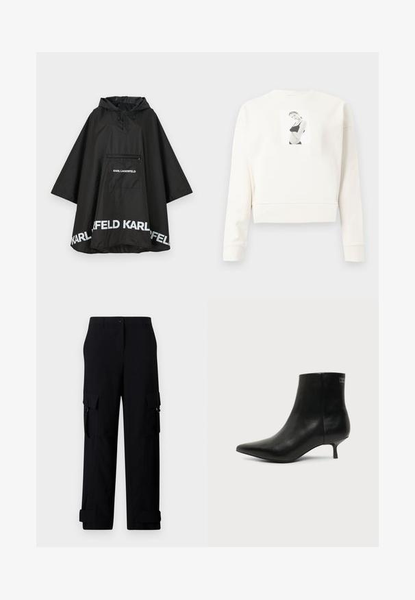 Schwarzer wasserdichter Poncho mit Kapuze, ausgestattet mit einer Fronttasche und weißen Logodetails am Saum. Glattes, leichtes Material.; Weißer, langärmeliger, cropped Sweatshirt mit einem schwarz-weißen Druckfoto einer Frau in schwarzer Unterwäsche auf der Vorderseite in der Mitte.; Schwarze Cargo-Hosen mit weitem Bein, ausgestattet mit zwei Seitentaschen und umgeschlagenen Bündchen. Hergestellt aus robustem Stoff mit glatter Textur.; Schwarzer Leder-Knöchel-Stiefel mit spitzer Spitze und niedrigem Kittenabsatz vor hellem Hintergrund, seitliche Ansicht.