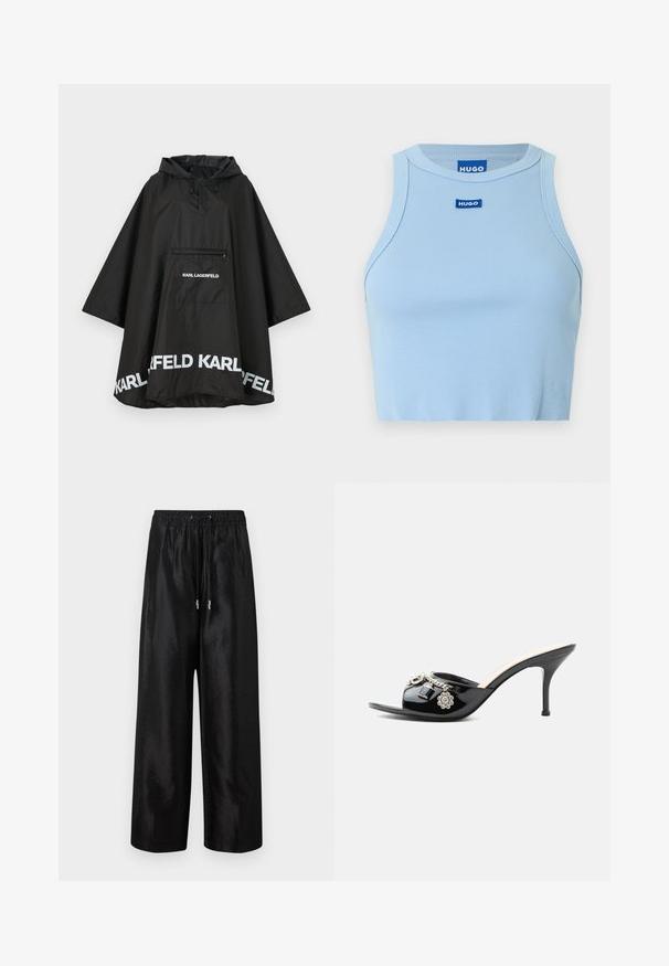 Zwarte waterdichte poncho met capuchon, voorzien van een voorzak en witte logodetails langs de zoom. Gladde, lichte stof.; Lichtblauw geribd cropped topje met een aangesloten ontwerp. Heeft een ronde hals en een HUGO-logotag in blauw op het middenvoor.; Zwarte wijde broek van glanzende stof met een elastische tailleband en trekkoord, voorzien van accenten van zilverkleurig hardware.; Zwarte lakleren mule met hoge hak, open teen en decoratieve zilveren bedels, waaronder een bloem en hangslot op de voorste band.
