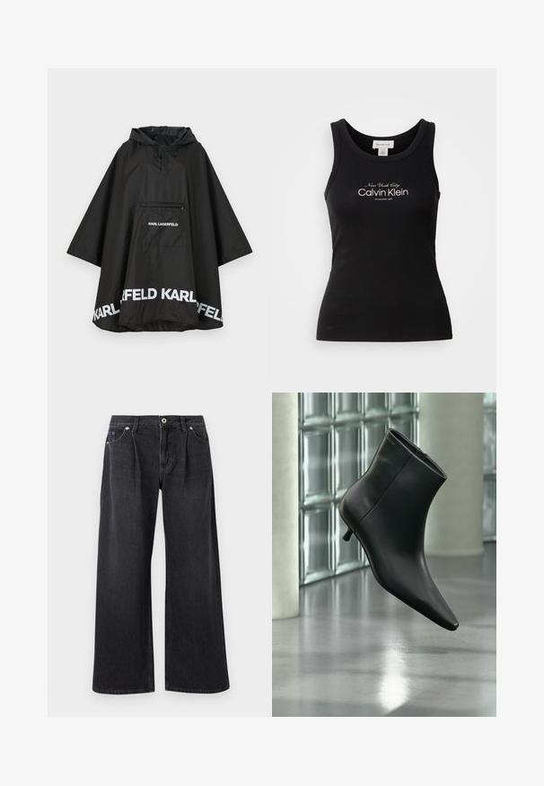 Schwarzer wasserdichter Poncho mit Kapuze, ausgestattet mit einer Fronttasche und weißen Logodetails am Saum. Glattes, leichtes Material.; Schwarzes, geripptes ärmelloses Tanktop mit der Aufschrift "New York City Calvin Klein Established 1968" in Weiß auf der Brust.; Schwarze Jeans mit weitem Bein aus Denim, ausgestattet mit einer vorderen Knopfverschluss, zwei vorderen Taschen und einem klaren Finish ohne Verzierungen.; Schwarzer Leder-Stiefelette mit spitzer Zehenpartie und niedrigem Kitten-Heel, schräg dargestellt vor einem polierten Boden und einer Glasbausteinwand.