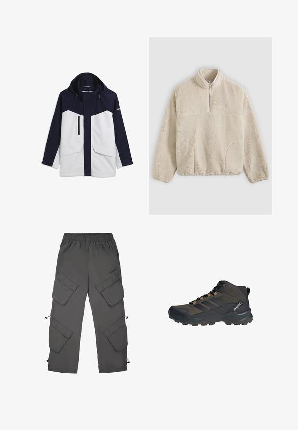 Veste imperméable bicolore bleu marine et blanc avec capuche, fermeture éclair frontale, poche zippée sur la poitrine, poches à rabat, et écusson logo sur la manche gauche.; Pull beige en polaire avec col à fermeture éclair, surface texturée, poches avant et une couture horizontale sur la poitrine.; Pantalons cargo en tissu gris foncé avec une taille élastique, plusieurs poches cargo, ourlets avec cordons de serrage et une texture lisse.; Chaussure de randonnée montante marron foncé et noire avec semelle texturée, dessus en mesh, lacets à l'avant et logo "Terrex" sur le côté.