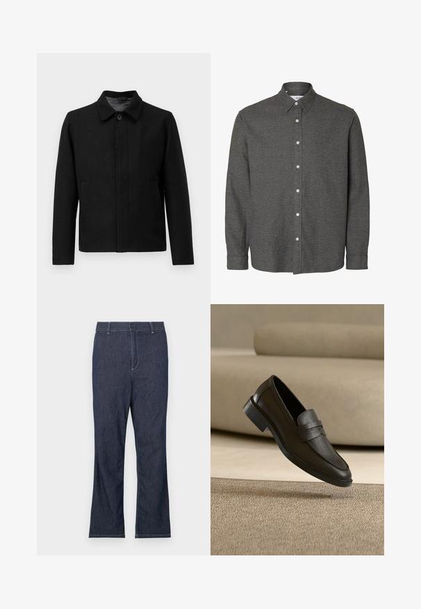 Veste noire avec une fermeture à boutons, col structuré, deux poches latérales et tissu texturé. Design simple et droit.; Chemise à manches longues gris foncé, boutonnée, avec un col pointu et des boutons blancs sur le devant au centre.; Jean en denim bleu foncé avec une coupe droite, doté d'une fermeture par bouton et de surpiqûres blanches contrastantes sur les poches et les coutures.; Chaussure loafer en cuir noir reposant sur un tapis beige avec un canapé beige courbé en arrière-plan.