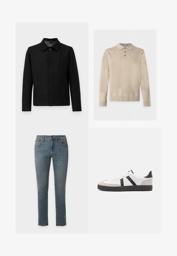 Veste noire avec une fermeture à boutons, col structuré, deux poches latérales et tissu texturé. Design simple et droit.; Polo en maille beige à manches longues avec trois boutons et poignets et ourlet côtelés, posé à plat sur un fond blanc.; Jean bleu droit en denim avec poches avant, passants de ceinture, fermeture à boutons et détails subtilement délavés sur un fond uni.; Baskets blanches avec des accents noirs et gris, présentant un embout texturé gris, une semelle en caoutchouc noir et des lacets plats blancs. Design épuré, style minimaliste.