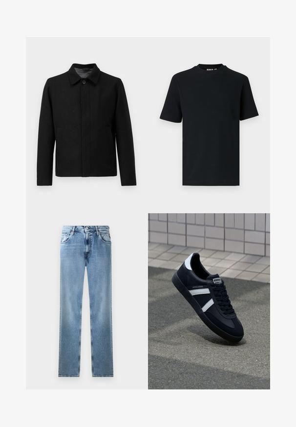 Veste noire avec une fermeture à boutons, col structuré, deux poches latérales et tissu texturé. Design simple et droit.; T-shirt noir à manches courtes en maille côtelée avec col rond et une petite étiquette visible à l'intérieur du col.; Jean droit en denim bleu clair avec poches, rivets en cuivre et fermeture à bouton. Présente un design décoloré et un ourlet soigné.; Sneaker en cuir noir avec des rayures blanches, semelle en caoutchouc texturée et devant à lacets. Présente une étiquette de marque sur la languette.