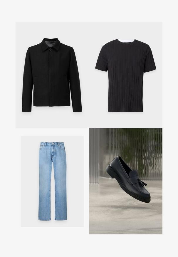 Veste noire avec une fermeture à boutons, col structuré, deux poches latérales et tissu texturé. Design simple et droit.; T-shirt noir à manches courtes en maille côtelée avec une bordure blanche au col rond, présenté sur un fond uni.; Jean droit en denim bleu clair avec bouton à l'avant et poches, présenté sur un fond blanc uni.; Mocassins en cuir noir avec une texture lisse, un bout arrondi et des pampilles décoratives à l'avant. Semelle en caoutchouc flexible avec un petit talon.
