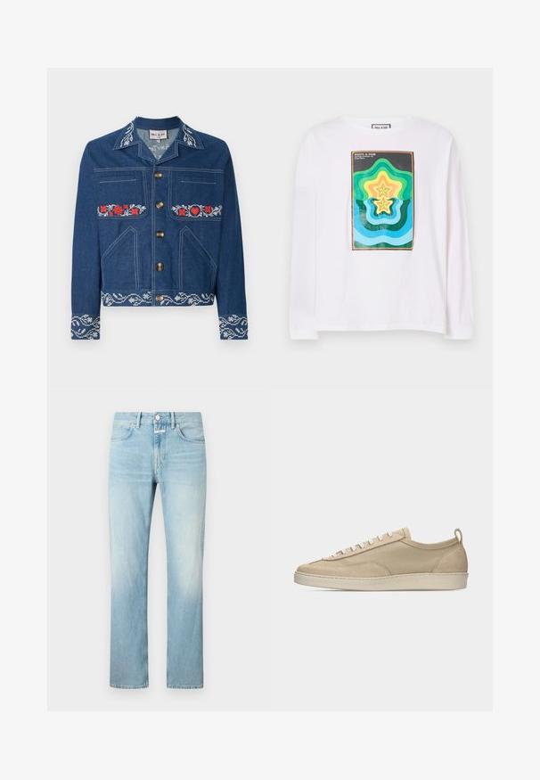 Dunkelblaue Jeansjacke mit roten floralen Stickereien, goldenen Knöpfen, Brust- und Seitentaschen sowie einem gemusterten Saum.; Weißes Langarm-T-Shirt mit einem bunten geometrischen Druck, der geschichtete Sternformen in Grün, Gelb und Blau zeigt, umrahmt von einem dunklen Rand.; Hellblaue Denim-Jeans mit geradem Bein, ausgestattet mit einem klassischen Fünf-Taschen-Design und einem Knopfverschluss.; Beiger Sneaker mit niedriger Schafthöhe, Obermaterial aus Stoff und Wildleder, weißen Schnürsenkeln, Gummisohle und Fersenlasche, seitlich auf weißem Hintergrund dargestellt.